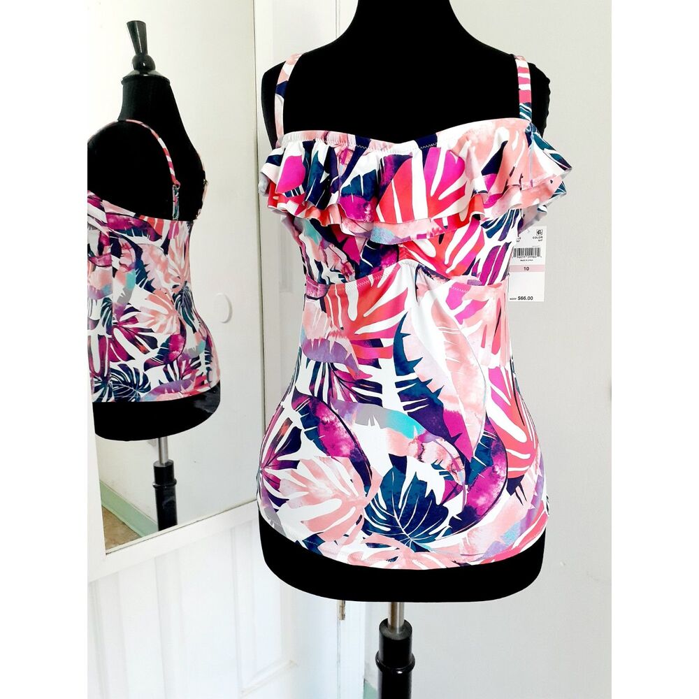 $66 LEILANI Womens Tahiti Bandini Colorful Palm Leaves Swim Top Size 10 NWT